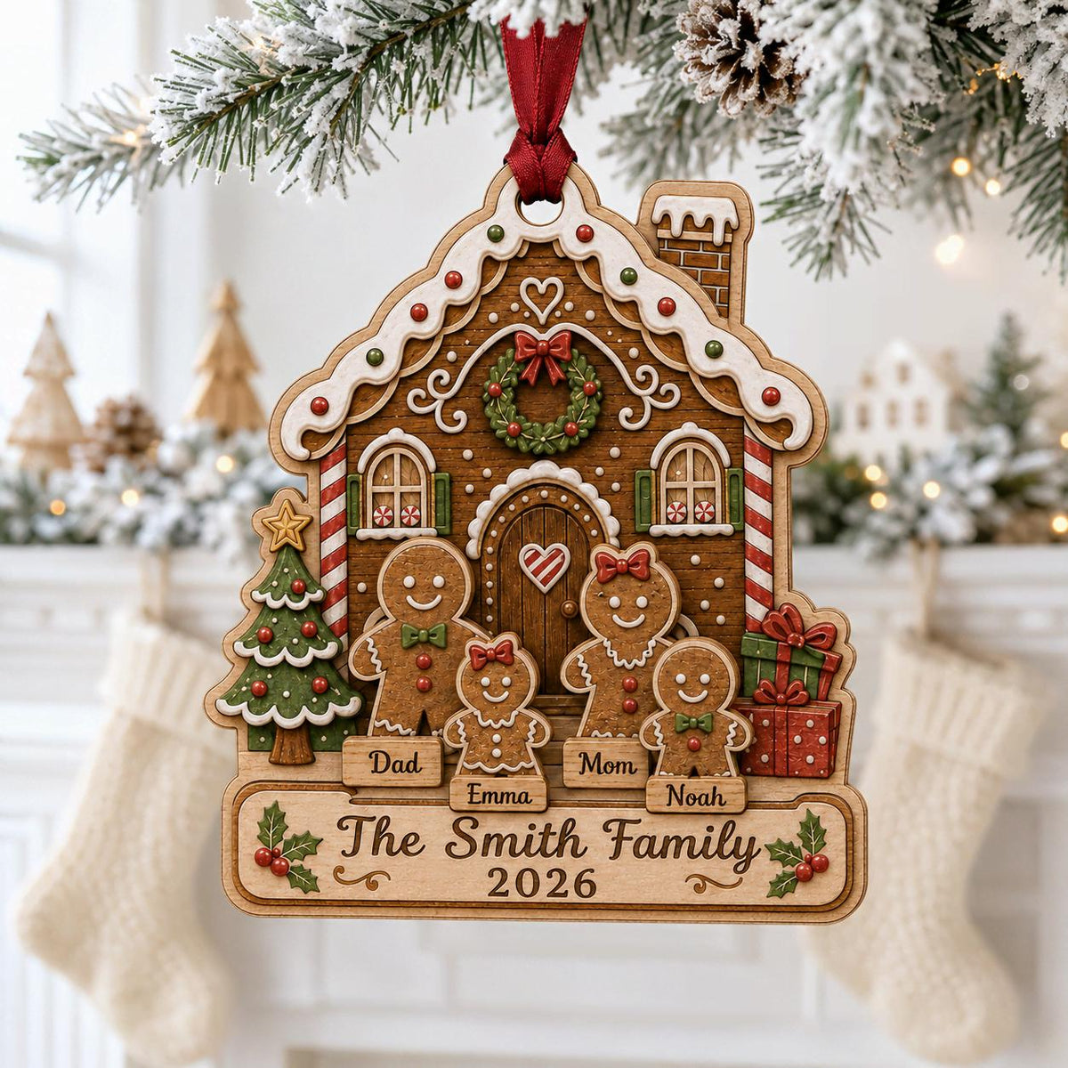 Personalized gingerbread house family ornament with names hanging by a mantel