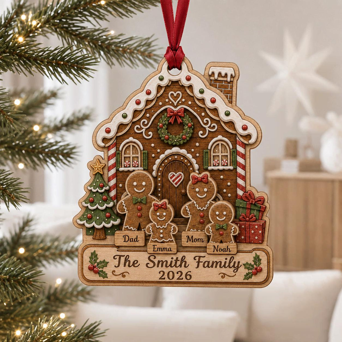 Gingerbread house family ornament with four names hanging on a Christmas tree