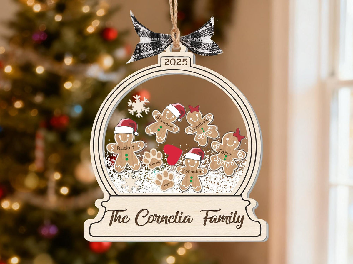 The Cornelia Family gingerbread ornament with warm bokeh lights