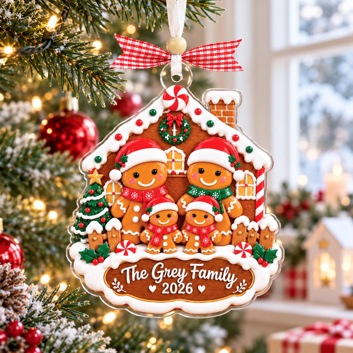 Gingerbread family ornament with The Grey Family 2026 by a window