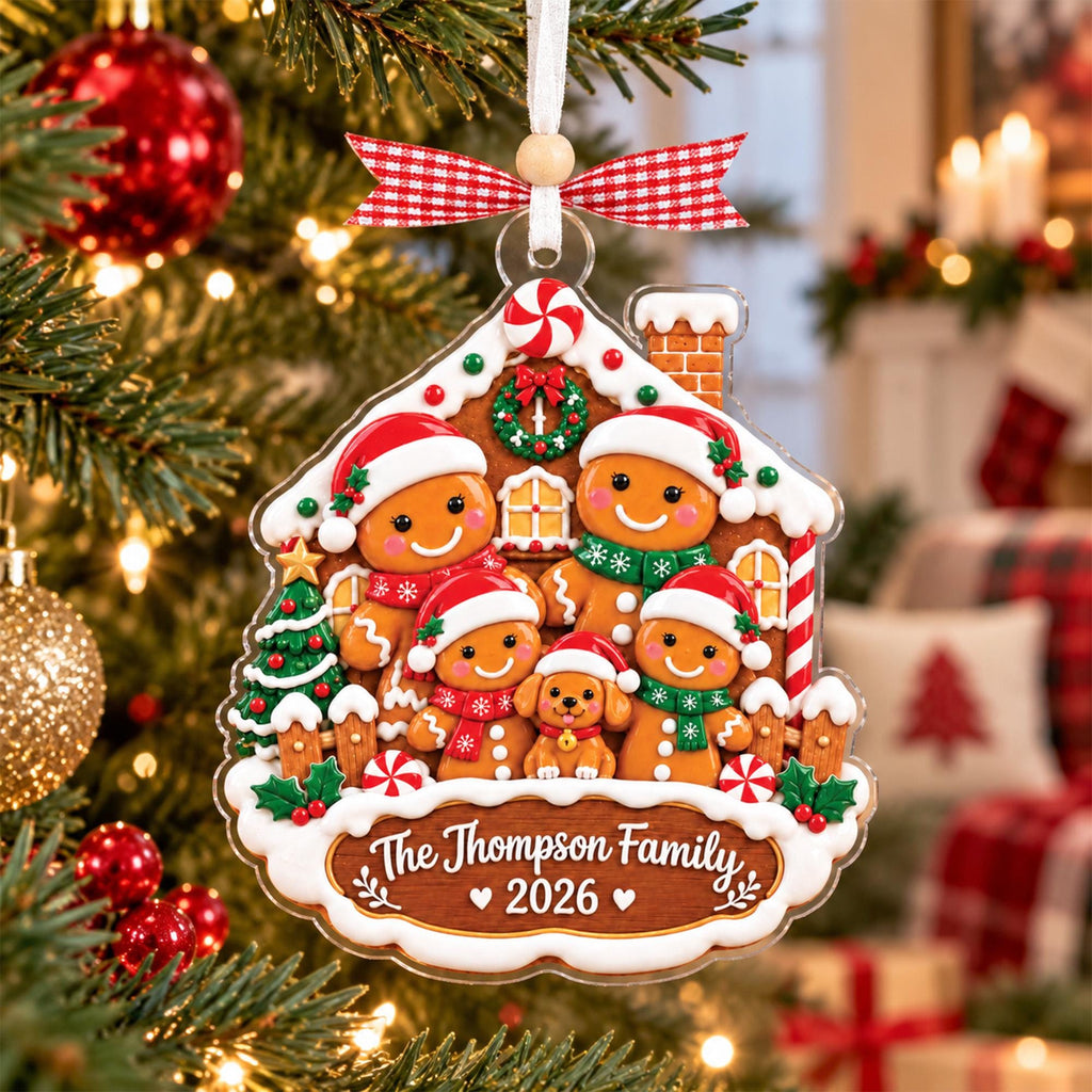 Gingerbread family of five ornament with The Thompson Family