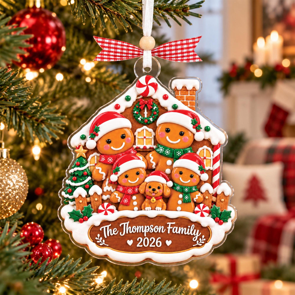 Gingerbread family of five ornament with The Thompson Family