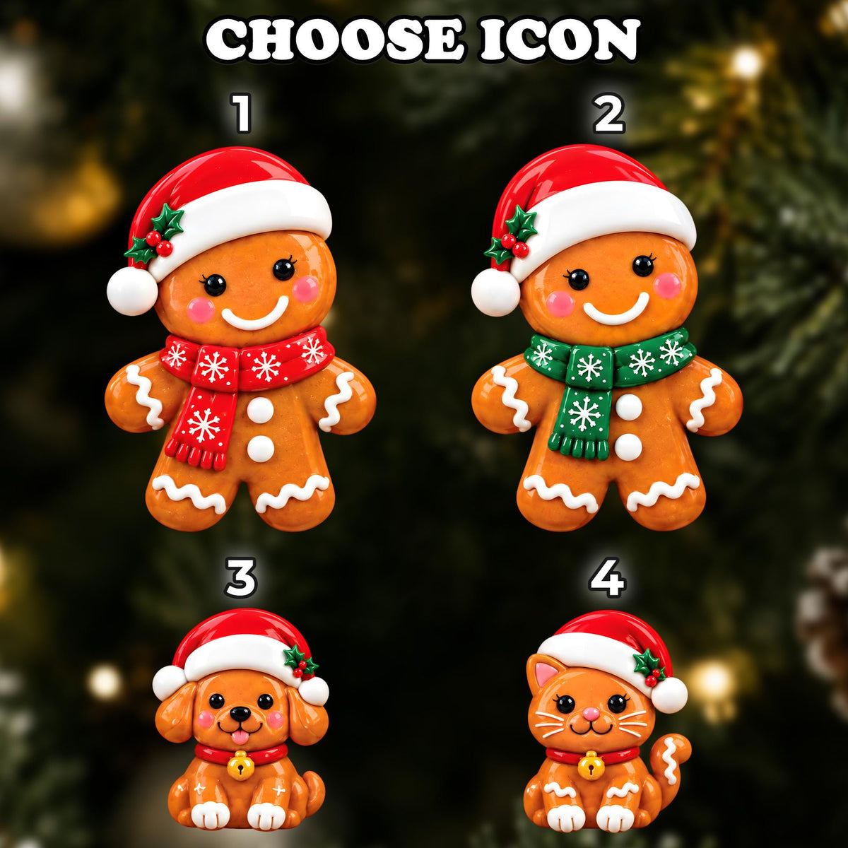Icon chart with two gingerbread people, a dog and a cat