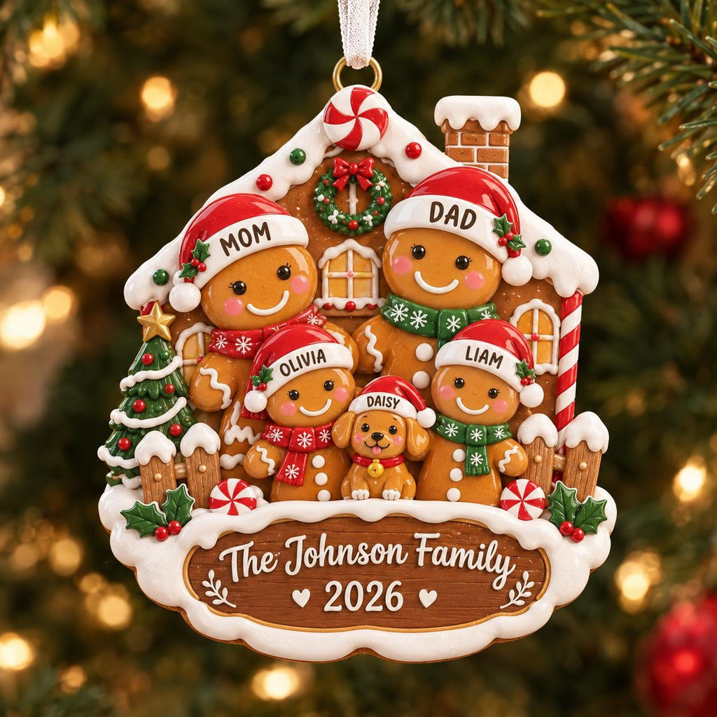 Gingerbread family ornament with Mom, Dad, Olivia, Liam and dog Daisy