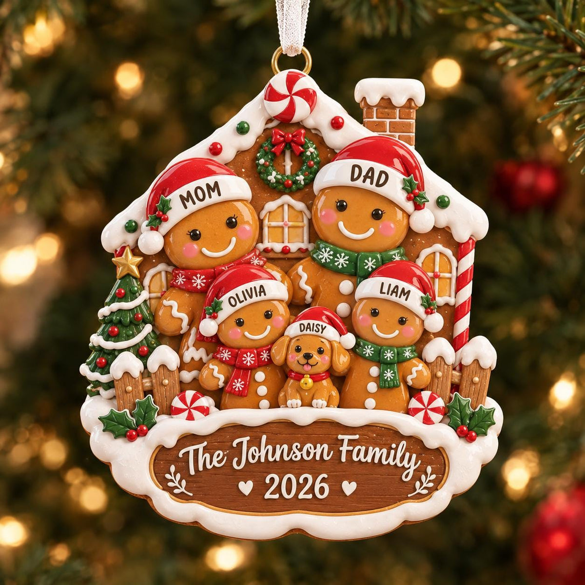 Gingerbread family ornament with Mom, Dad, Olivia, Liam and dog Daisy