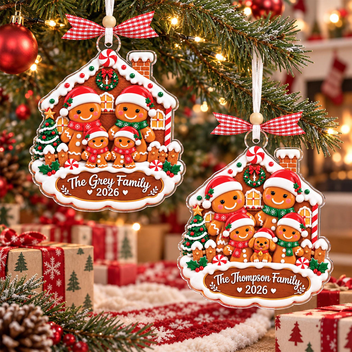 Two gingerbread family ornaments hanging above gifts