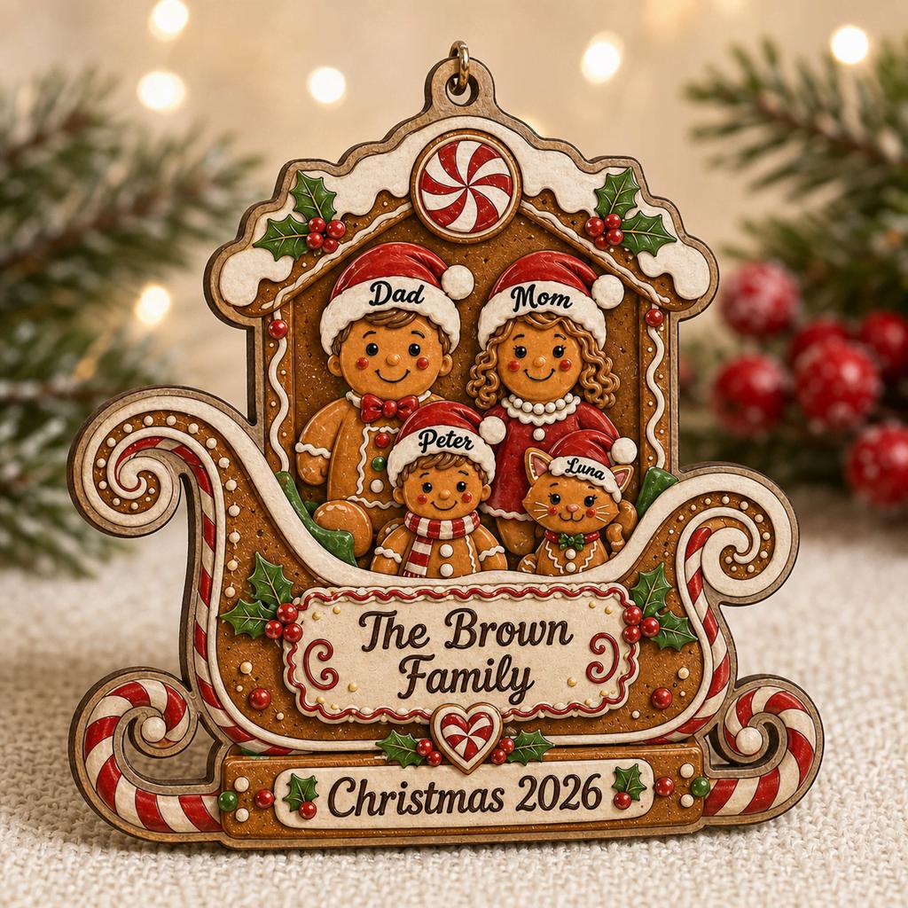 Personalized gingerbread family in candy cane sleigh wooden ornament with holly berries
