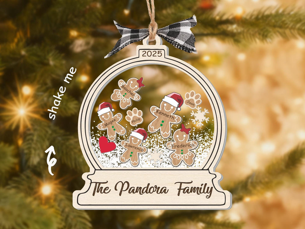 Personalized gingerbread family snow globe ornament with The Pandora Family and 2025