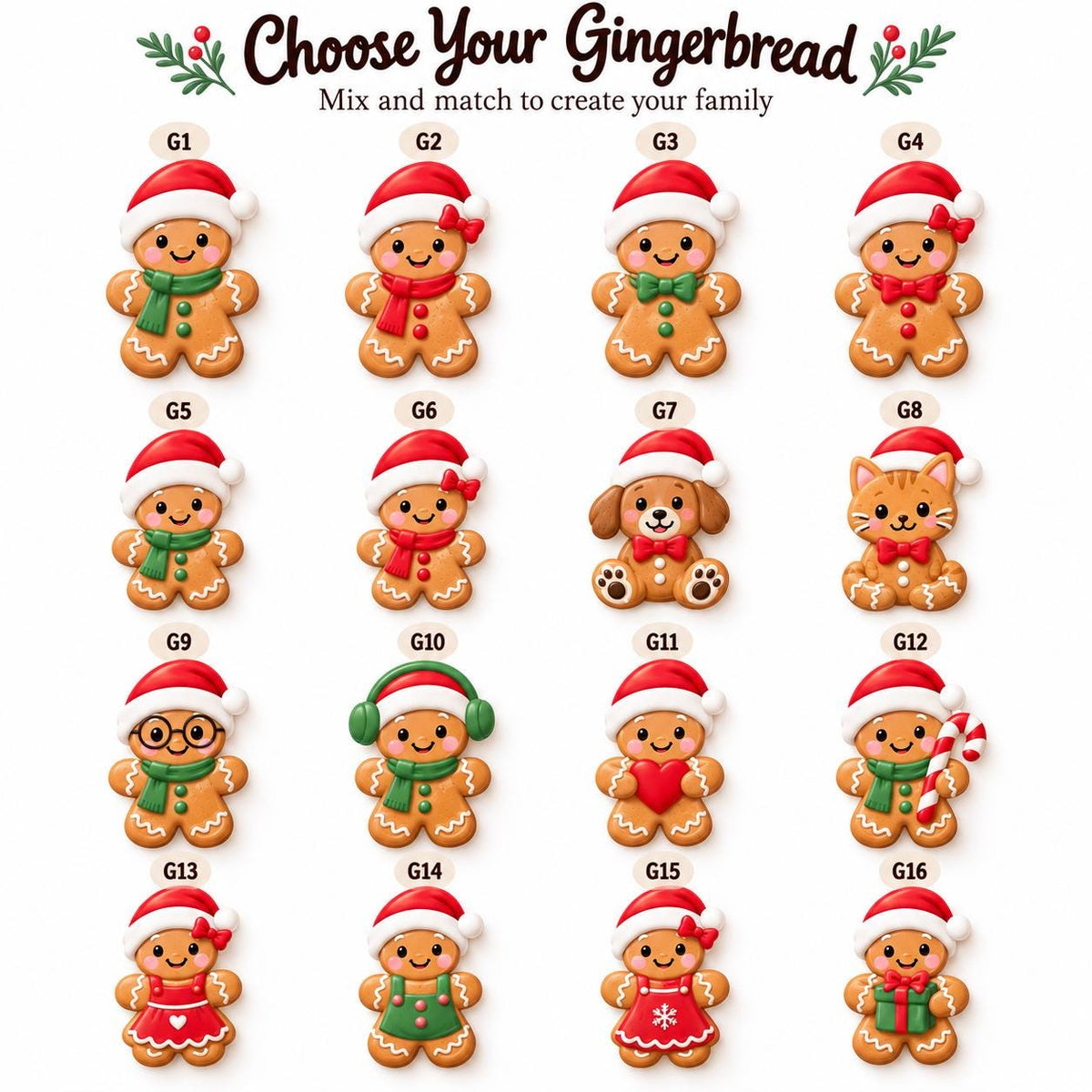 Choose your gingerbread chart with 16 designs including a dog and a cat