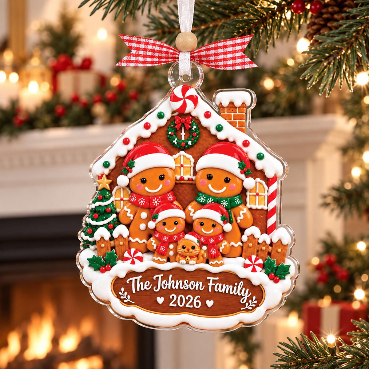 Gingerbread house family ornament by a fireplace