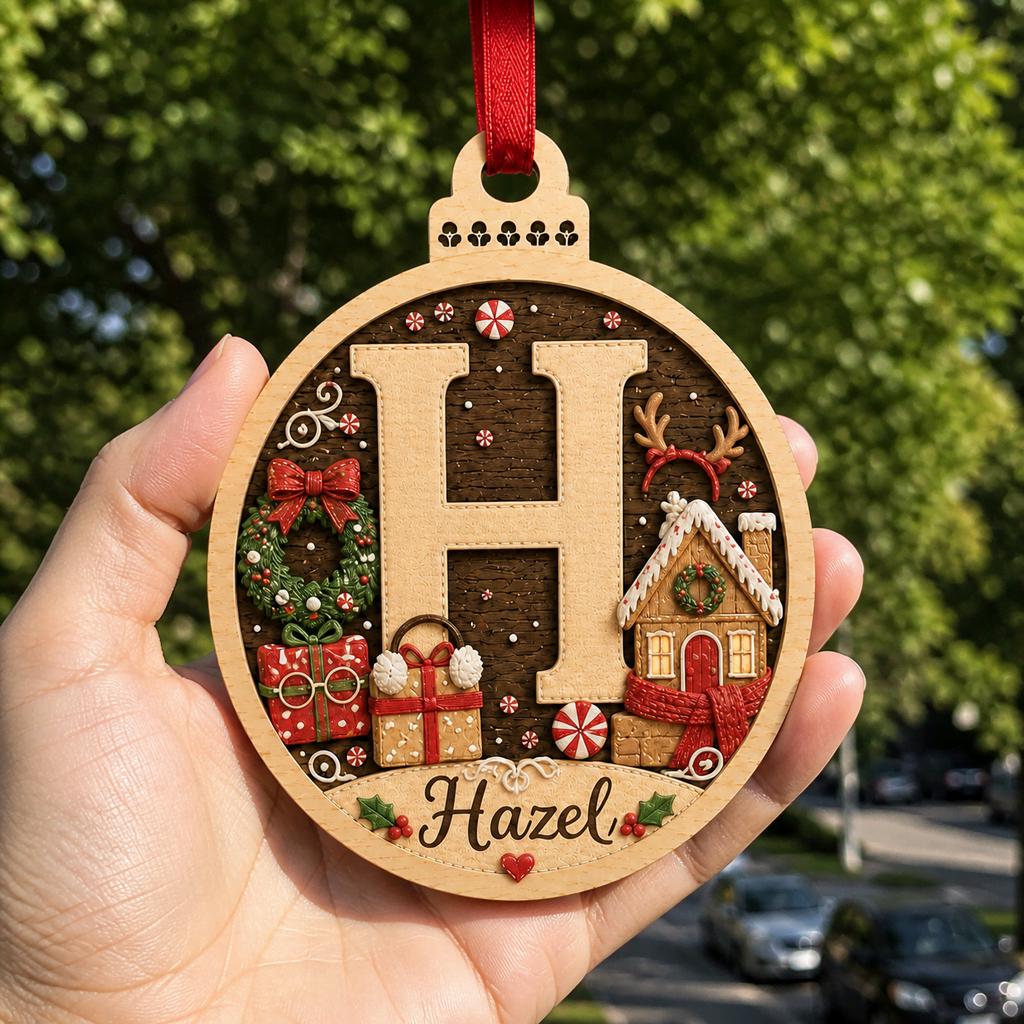 Hand holding a personalized gingerbread initial round wooden ornament with letter H and name