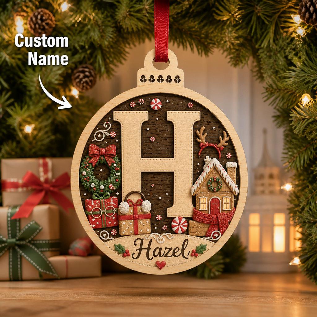 Gingerbread initial wooden ornament with custom name in front of wrapped Christmas gifts