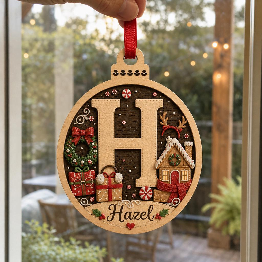 Gingerbread house initial wooden ornament with red ribbon hanging by a patio window
