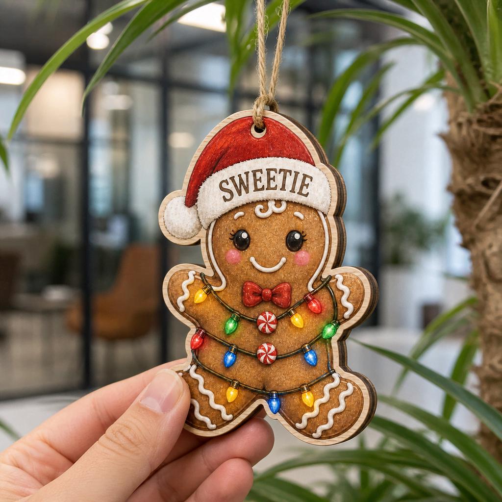 Hand holding a gingerbread man string lights ornament with custom name in an office