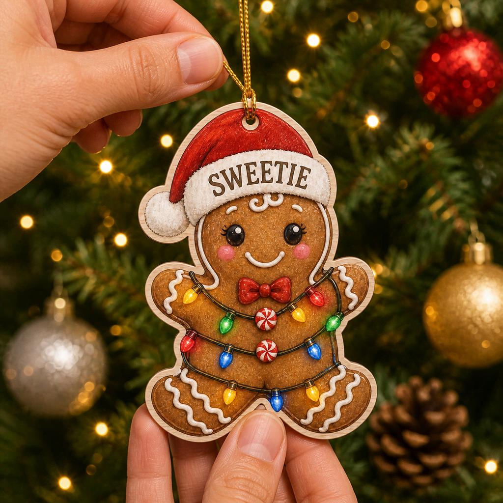 Personalized gingerbread man wooden ornament wrapped in string lights with name on Santa hat