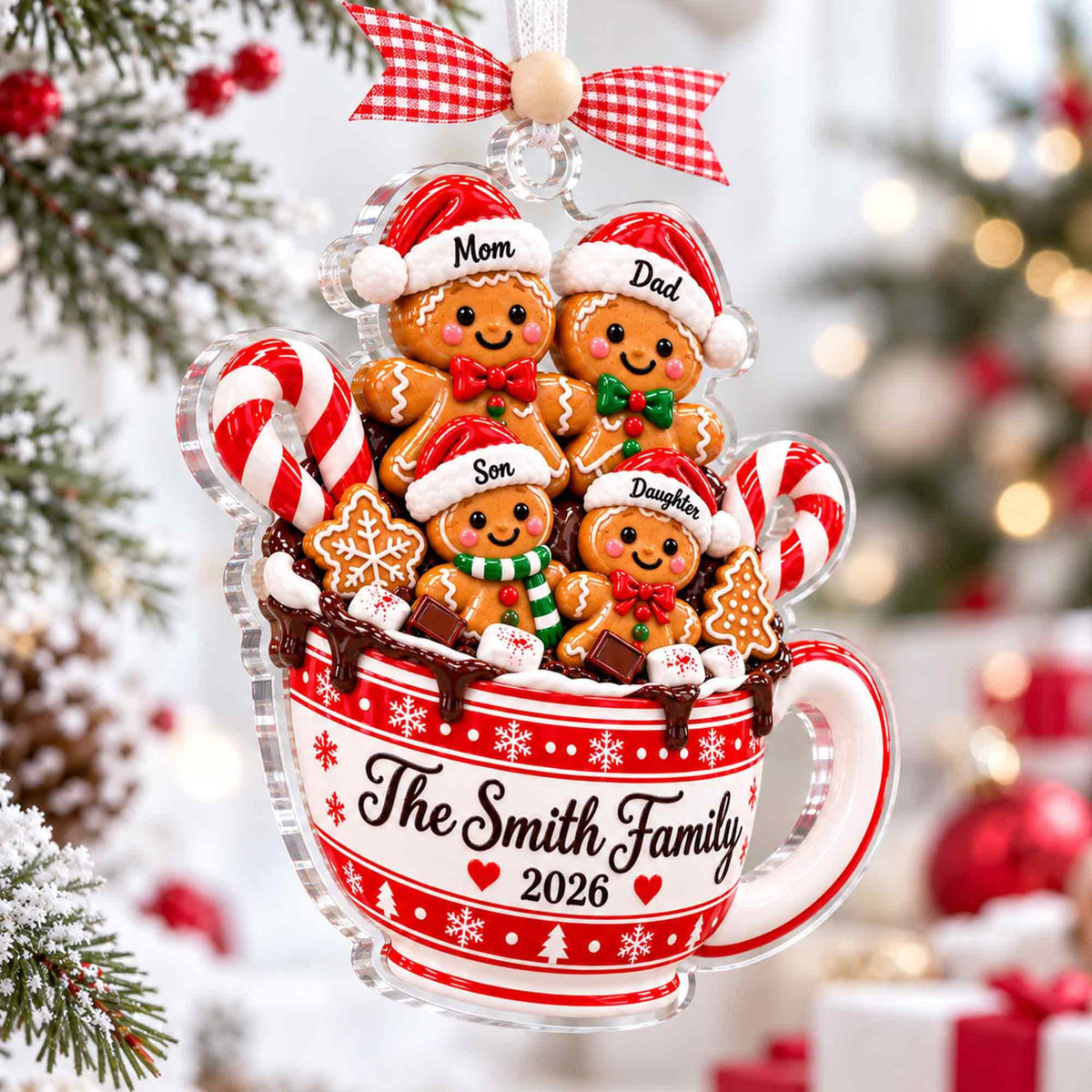 Gingerbread family mug ornament with Mom, Dad, Son and Daughter