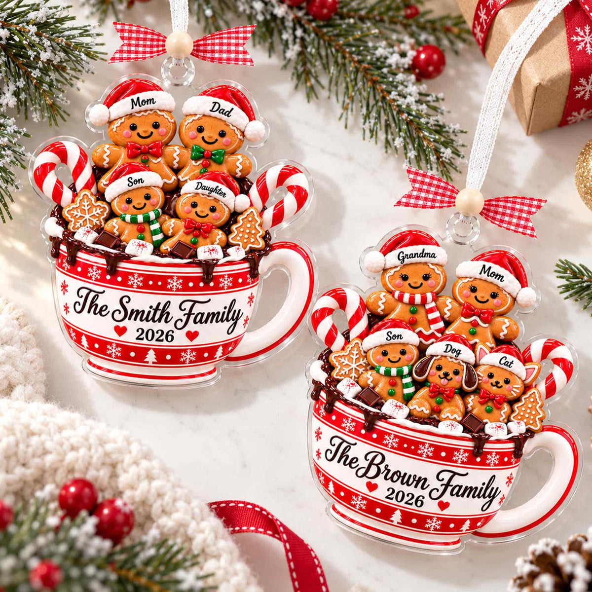 Gingerbread family mug ornaments with grandparents and pets on a table