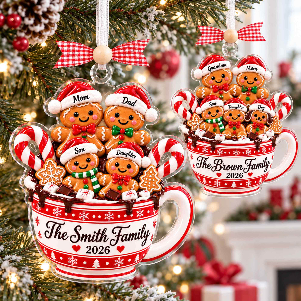 Gingerbread family mug ornaments for The Smith and Brown families
