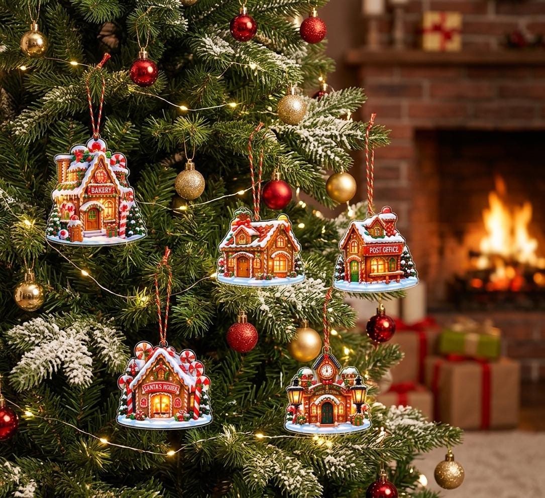 Gingerbread bakery, post office and Santa's house acrylic ornaments on a snowy tree by a brick fireplace