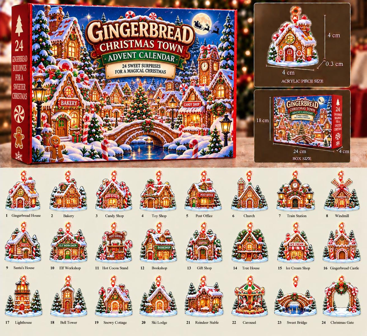 Gingerbread Town advent box, a 4 cm gingerbread house piece and a lineup of shops, towers and a carousel