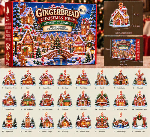 Gingerbread Town advent box, a 4 cm gingerbread house piece and a lineup of shops, towers and a carousel