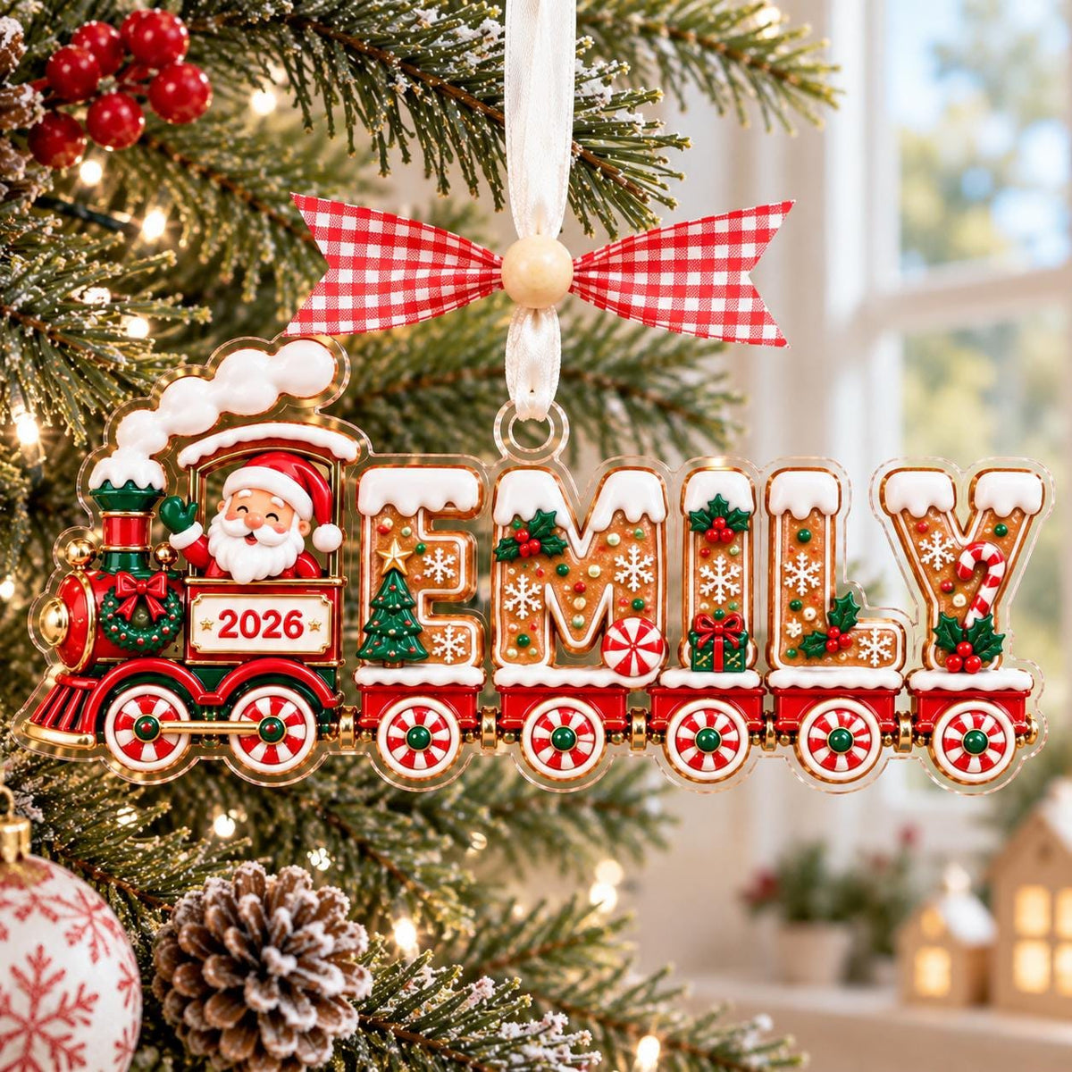 Santa train ornament with gingerbread letters Emily and 2026