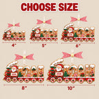 Size chart showing the gingerbread train ornament from 4 to 10 inches