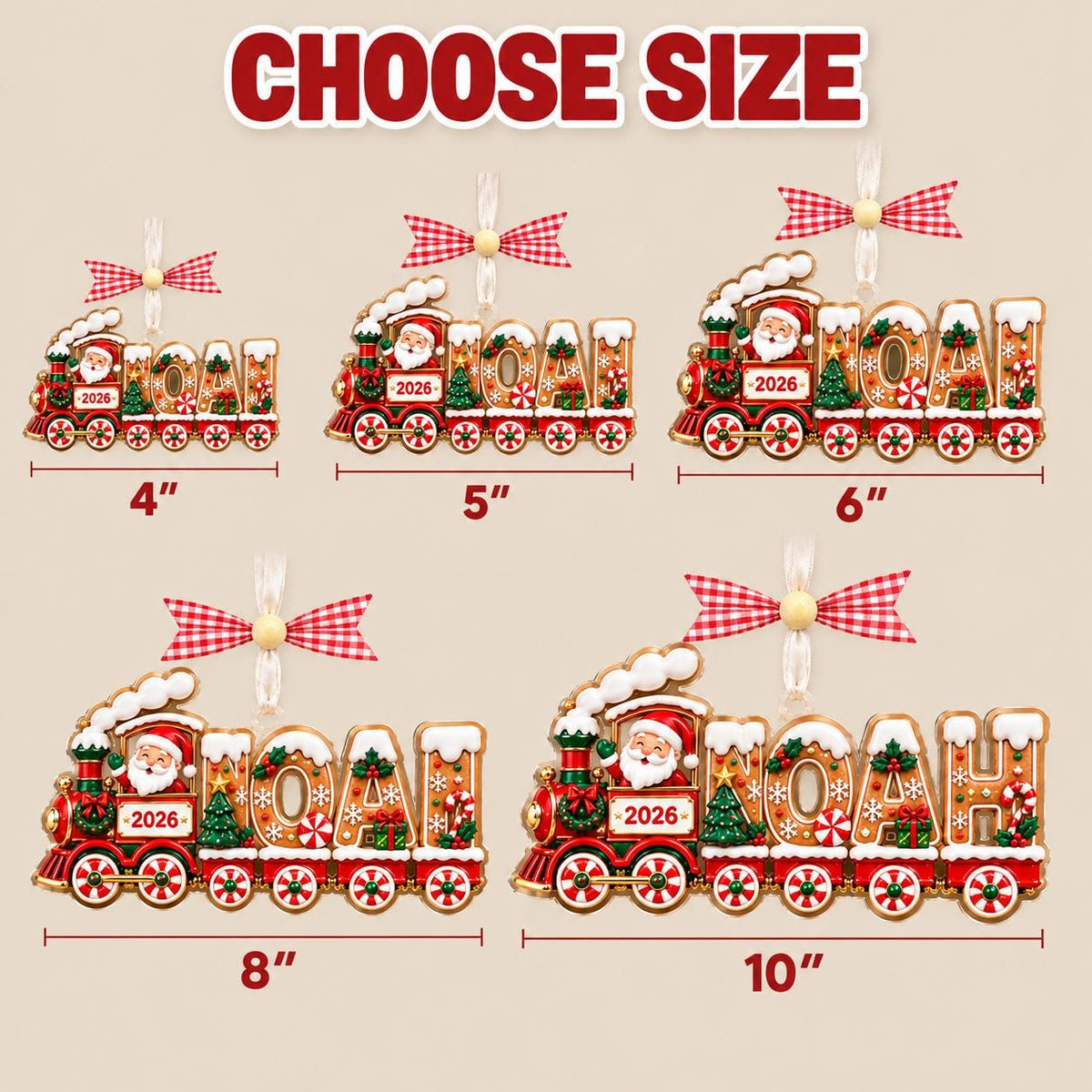 Size chart showing the gingerbread train ornament from 4 to 10 inches