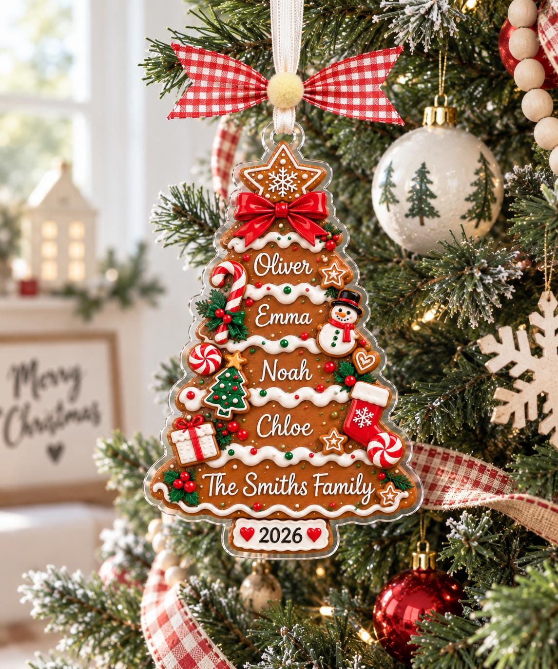 Personalized gingerbread Christmas tree ornament with family names on a decorated tree