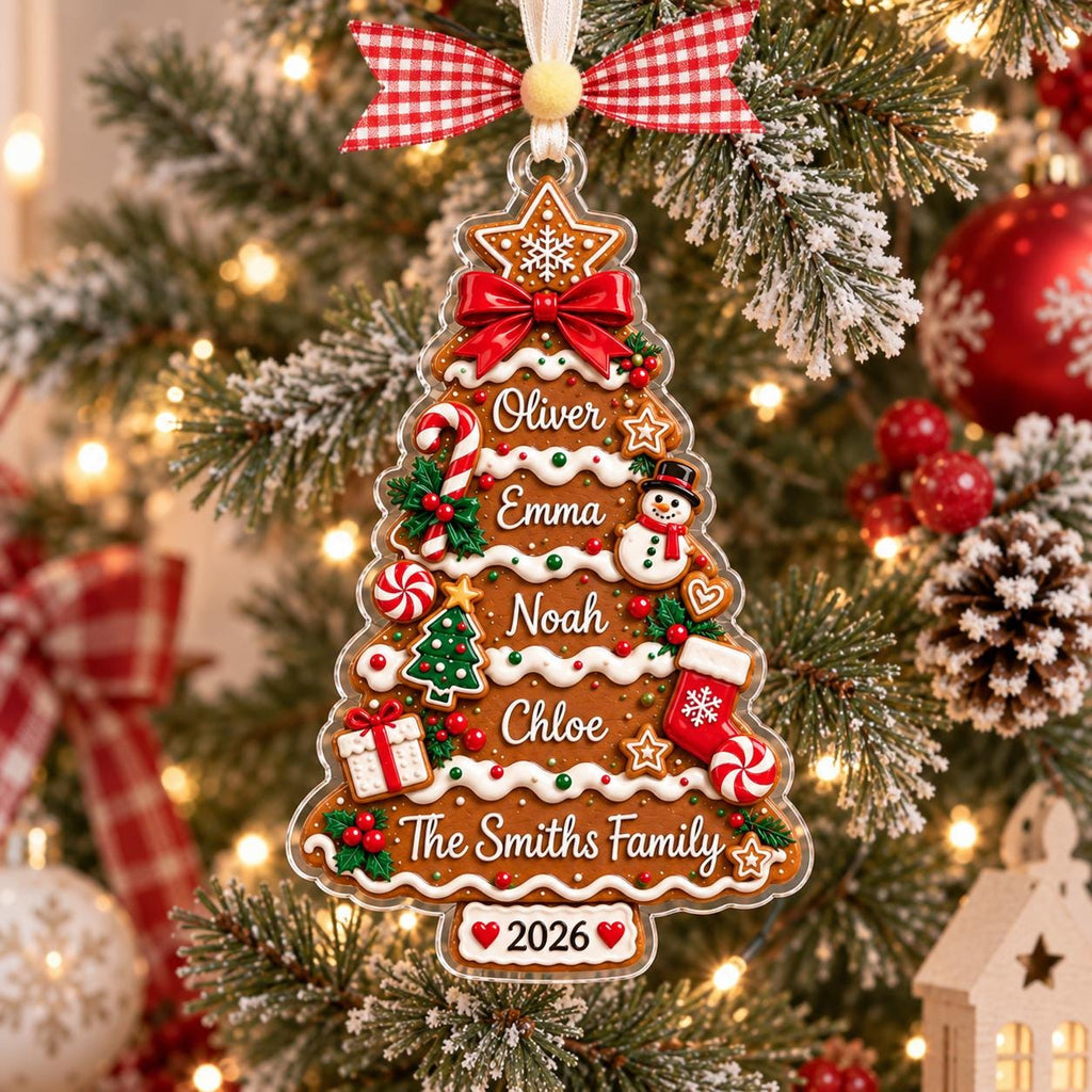 Close-up of gingerbread tree ornament with candy canes, snowman and red bow
