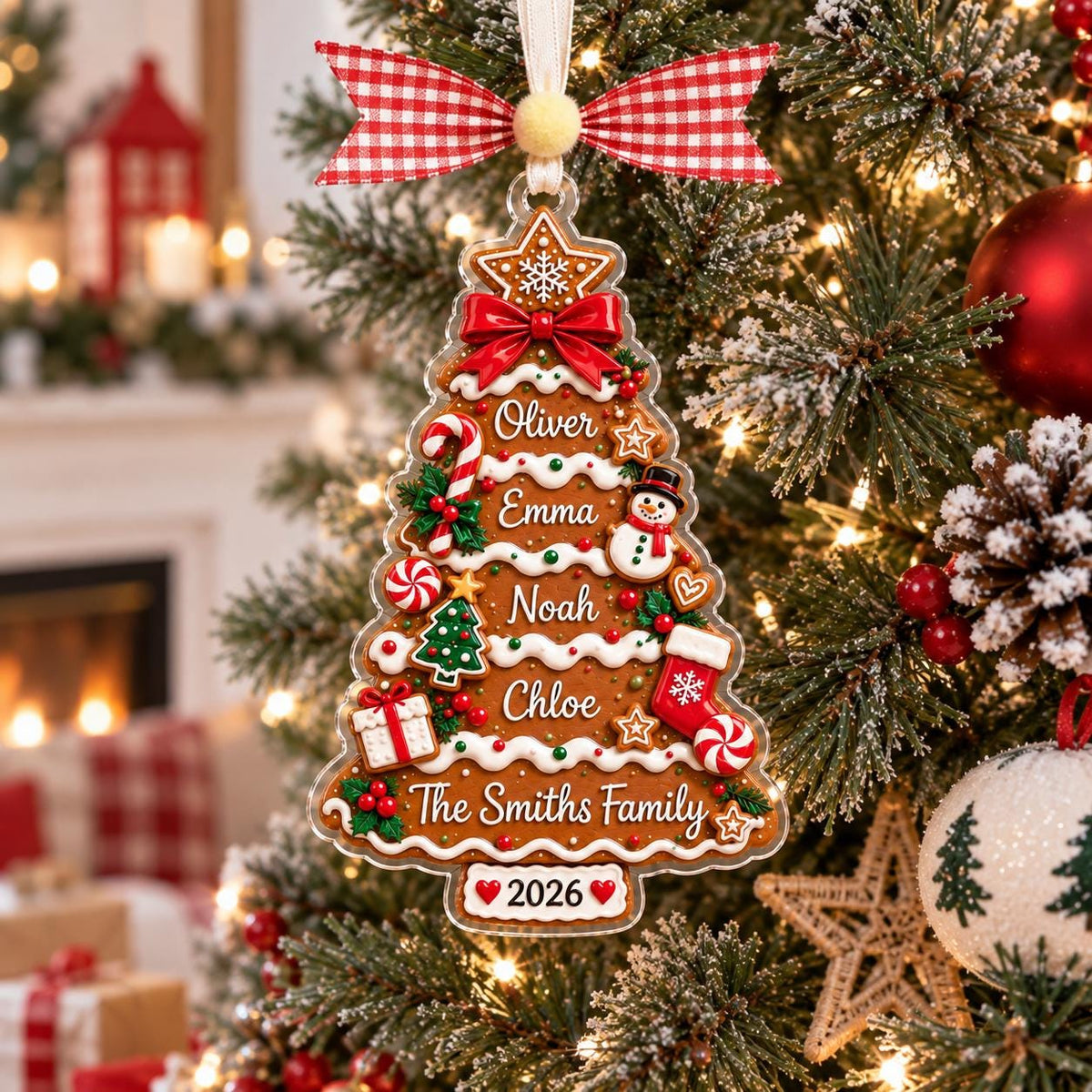 Gingerbread tree ornament with four names and The Smiths Family 2026