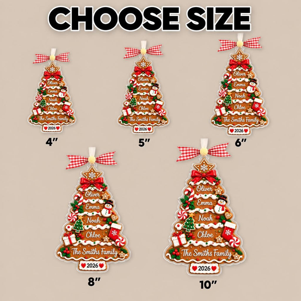 Size chart for the gingerbread tree name ornament from 4 to 10 inches