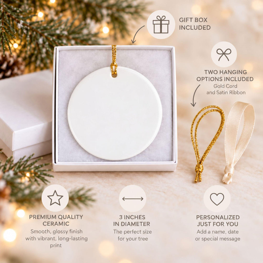 Product details: 3 inch glossy ceramic ornament with gold cord and satin ribbon, shown with a gift box