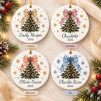 Gingham bow tree ornaments in Linen, Heather, Blossom and Sky colors