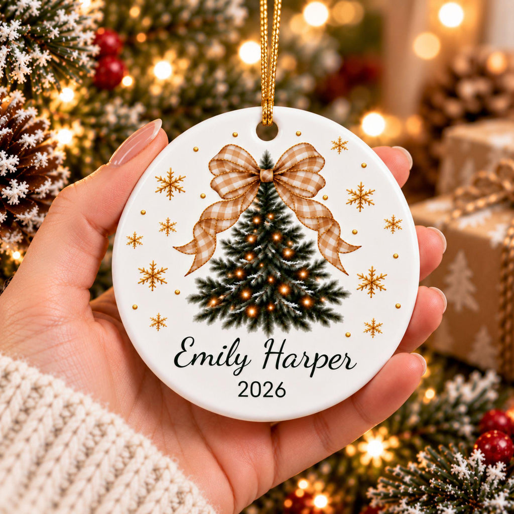 Hand holding the personalized gingham bow tree ornament