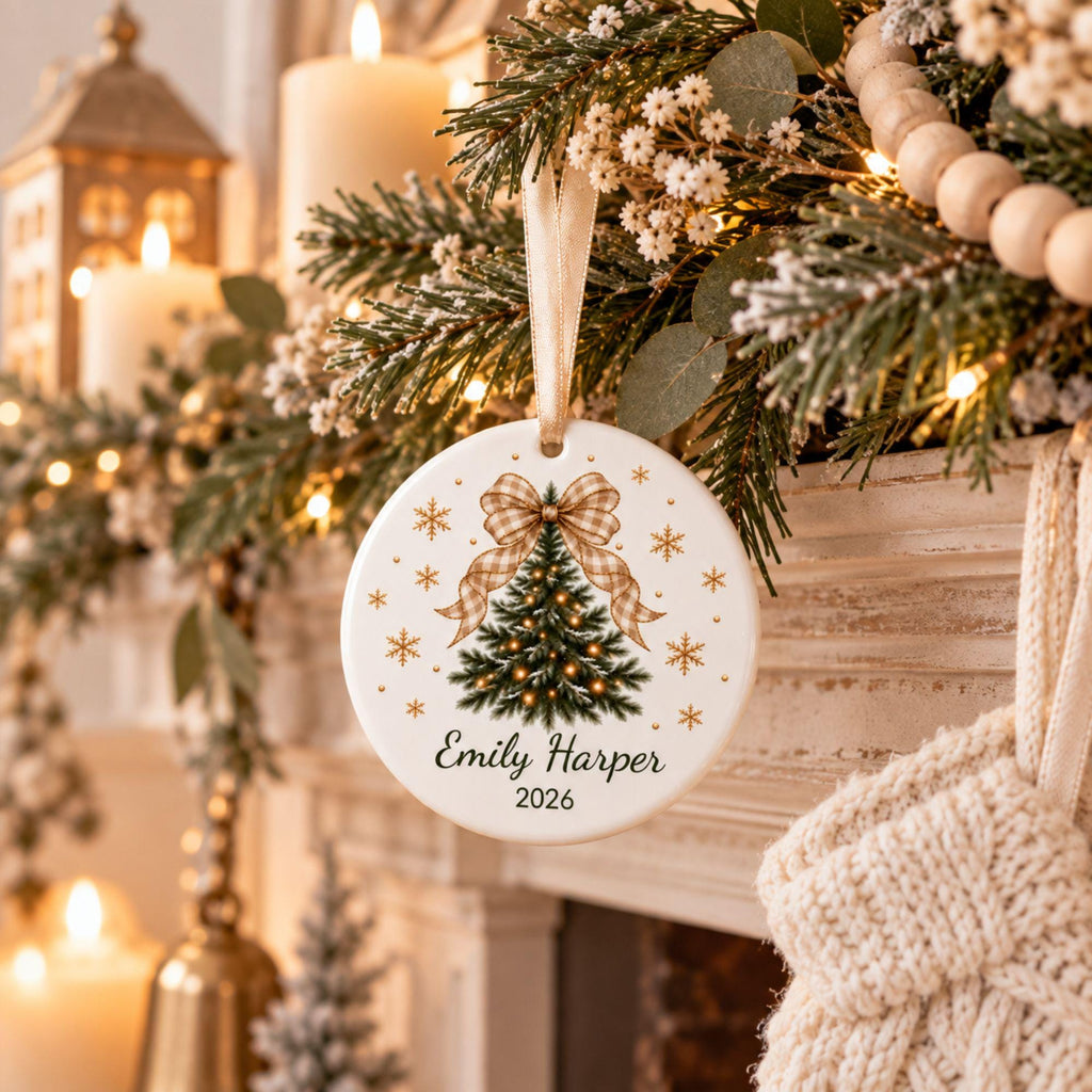 Gingham bow name ornament hanging on a festive mantel