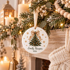 Gingham bow name ornament hanging on a festive mantel