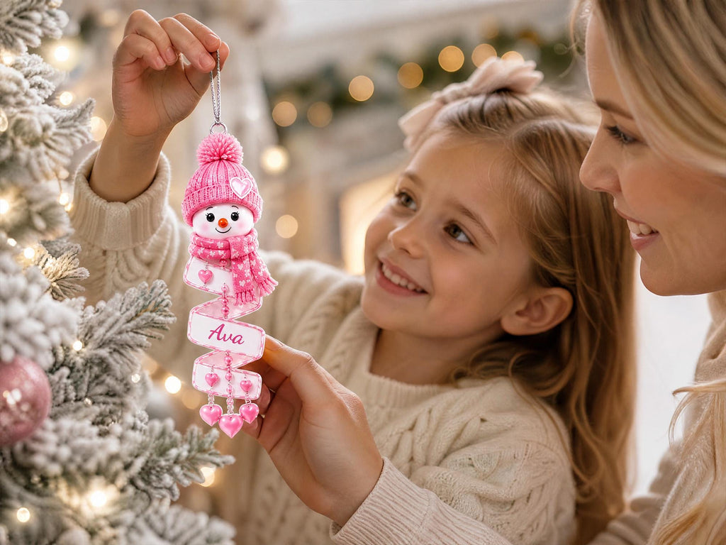 Girl and mom hanging a pink snowman ornament with the name Ava on a Christmas tree