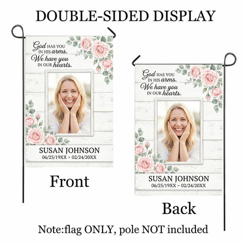 God Has You In His Arms pink rose photo memorial garden flag shown front and back to display the double-sided print, flag only