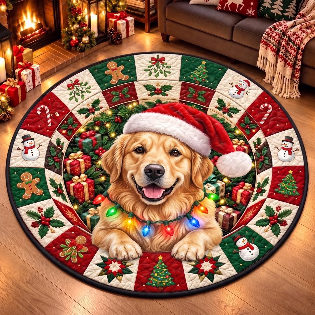 Golden retriever Christmas round rug with twinkle lights and gingerbread border