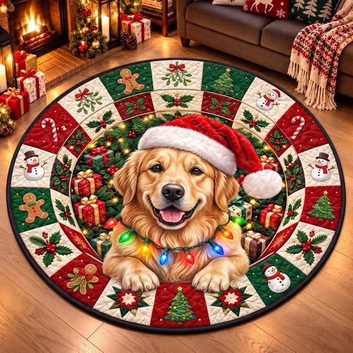 Golden retriever Christmas round rug with twinkle lights and gingerbread border