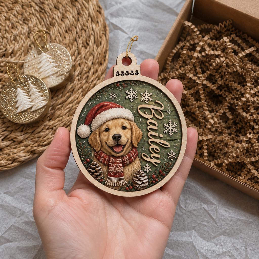 Hand holding personalized golden retriever Santa hat wooden ornament beside gift box