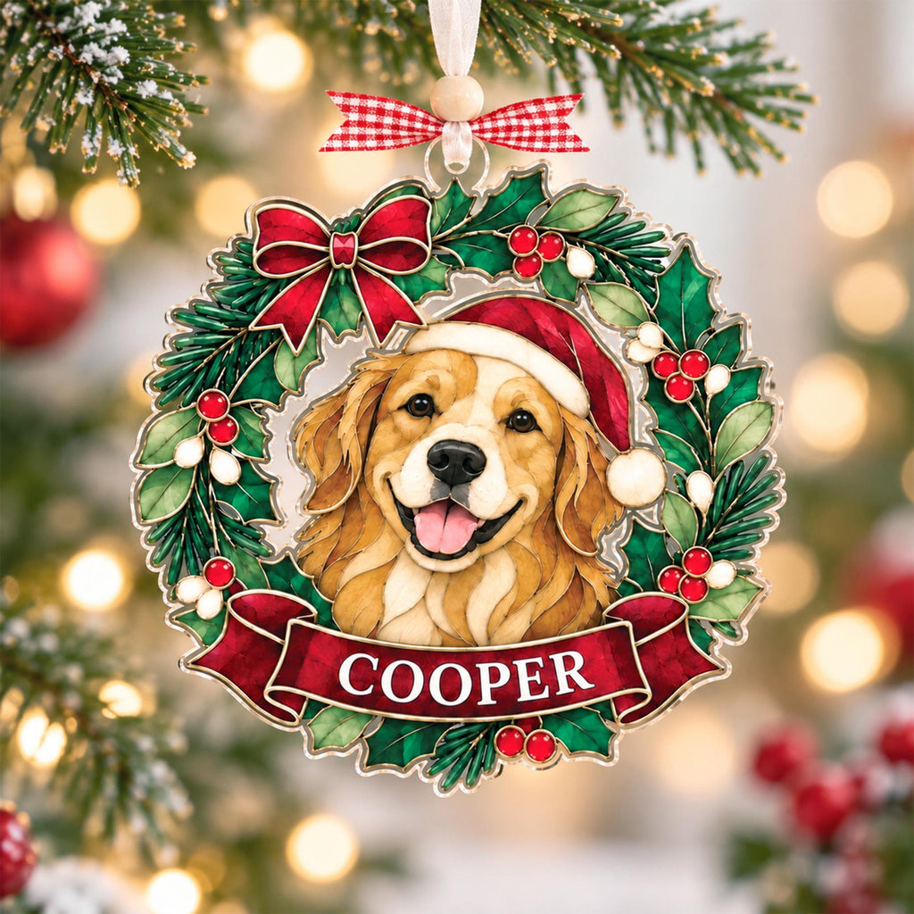 Golden retriever Christmas wreath ornament with name Cooper