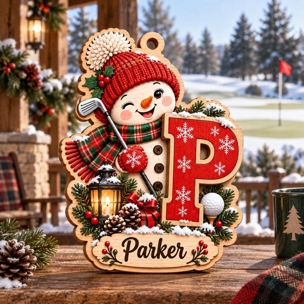 Golf snowman initial ornament with golf club and ball on a snowy porch