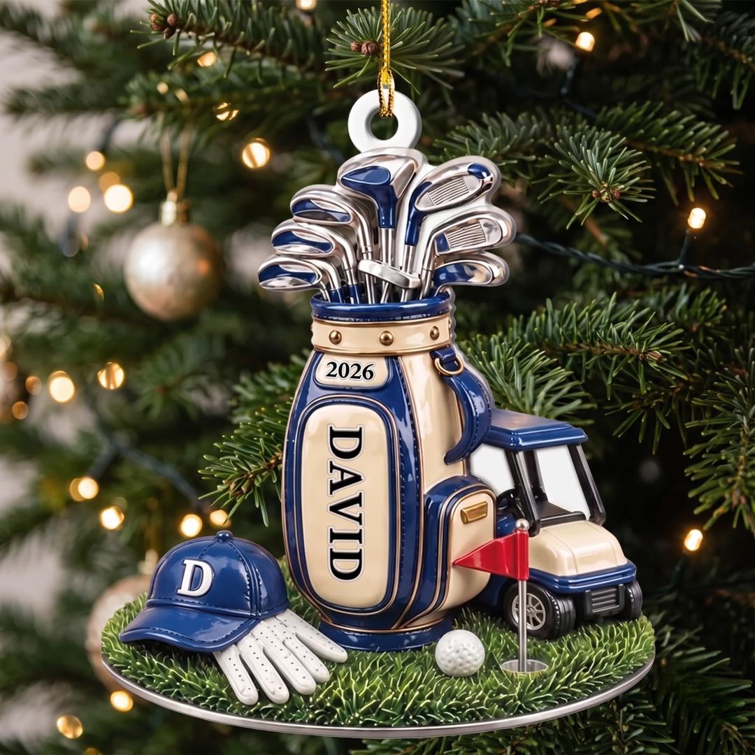 Golfer gift ornament with a cap, glove, ball and red flag pin
