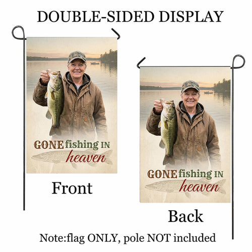 Gone Fishing In Heaven photo memorial garden flag shown front and back to display the double-sided print, flag only