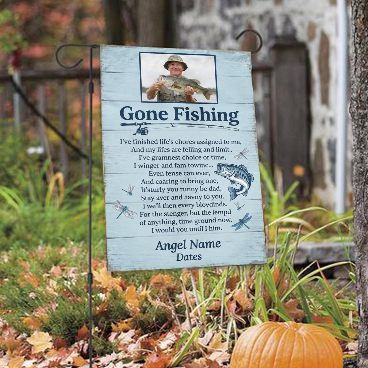 Gone Fishing poem photo memorial garden flag among autumn leaves with a pumpkin