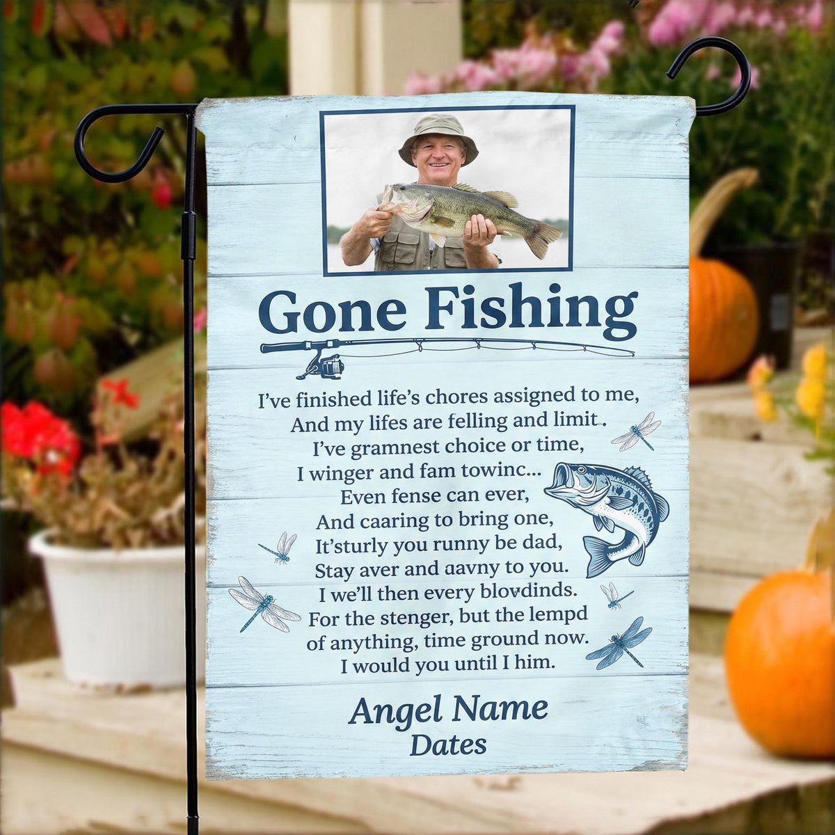 Gone Fishing poem photo memorial garden flag on porch steps with pumpkins and flowers