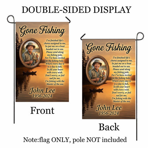 Gone Fishing lake sunset photo memorial garden flag with poem, name and years shown front and back to display the double-sided print, flag only