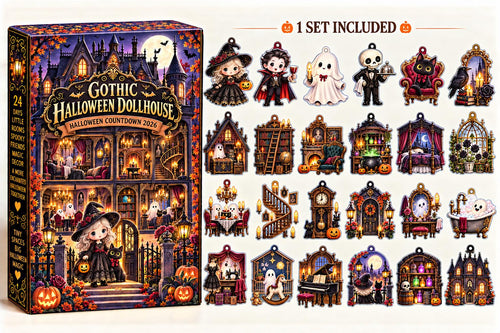 Gothic Halloween Dollhouse countdown box beside the full set of haunted room and character acrylic pieces